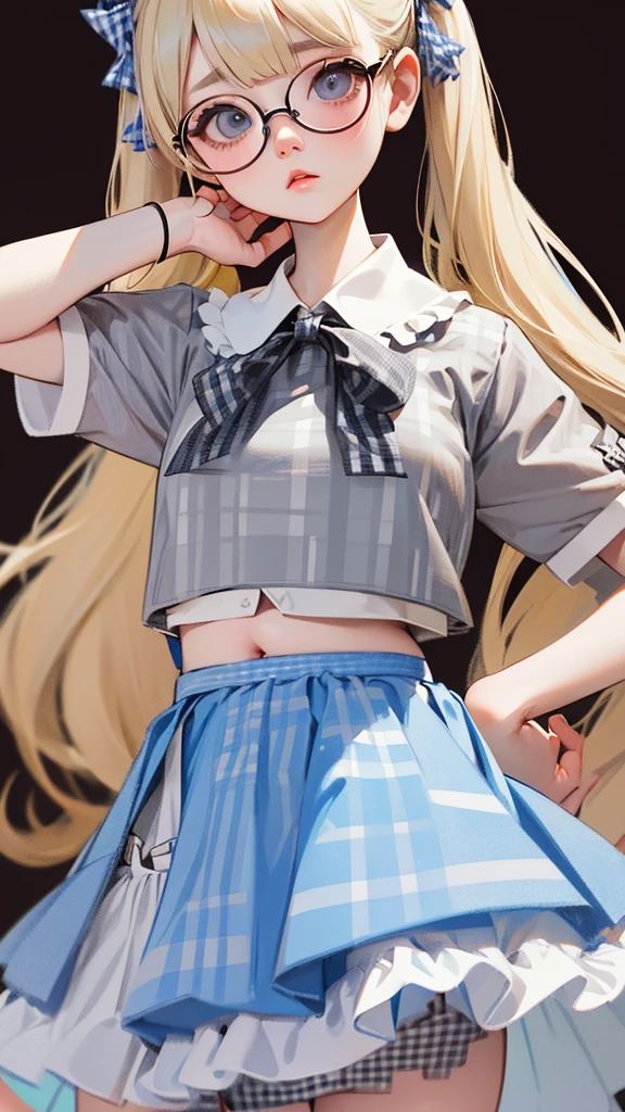 Highest quality、Masterpiece、Realistic、Perfect ???????,One Girl,Ash Blonde Hair、Very short stature,Lolita、zoom、cute、Grey Eyes、、Twin tails、Glasses、White T-shirt、(Gingham check culottes skirt:1.37),belly button,White Space,Black light