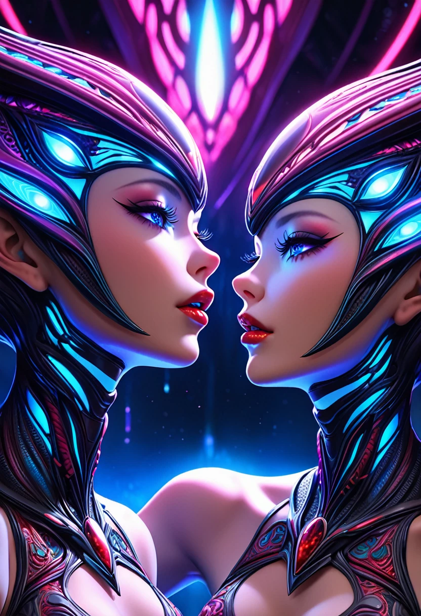 (two female aliens, partially naked, oral sex, horny, extremely detailed, intricate art, hentai, beautifully detailed eyes, beautifully detailed lips, long eyelashes, glowing lighting, cinematic lighting, vibrant colors, photorealistic, hyper detailed, 8k, masterpiece, high quality)