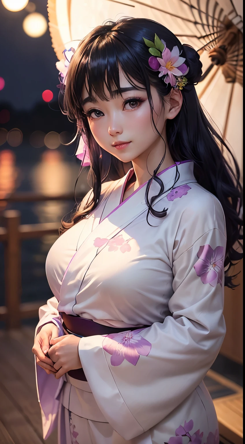(logo、masterpiece、8K、Tabletop、RAW Photos、wonderful、最high quality、フォトリアリスティックでVery detailedな CG 複合 8K 壁紙、high quality、Very detailed、Narrative poem、Particle Effects、Dynamic Effects、Depth of the Boundary、Cinematic Light、Lens flare、Ray Tracing)、 (One beautiful woman wearing a yukata、White yukata、Light purple pattern)、Black-haired、High definition skin、Very fine、Fine skin texture、Beautiful Face、True Face、Beautiful details in the eyes、Realistic eyes、Beautifully detailed eyes、Realistic Skin、Beautiful Skin、Surreal、Smiling Eyes、Hair and light eyes、vivid、Colorful lights and bokeh、plump lower lip、Pink Lips、Hair flutters in Wind、Hair bounces、wonderful景色、night、evening、Wind、moonlight、moonlight、light