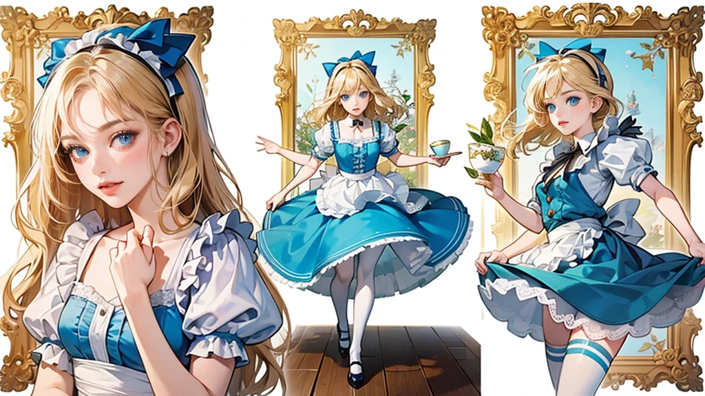masterpiece, Highest quality, Portraiture, One Girl, (Alice in Wonderland:1.2), Blue clothes, White apron, Blonde, blue eyes, Usagi, Trump, Tea cup, White lace thigh high socks, Miniskirt lift, Dynamic pose,Electro Swing