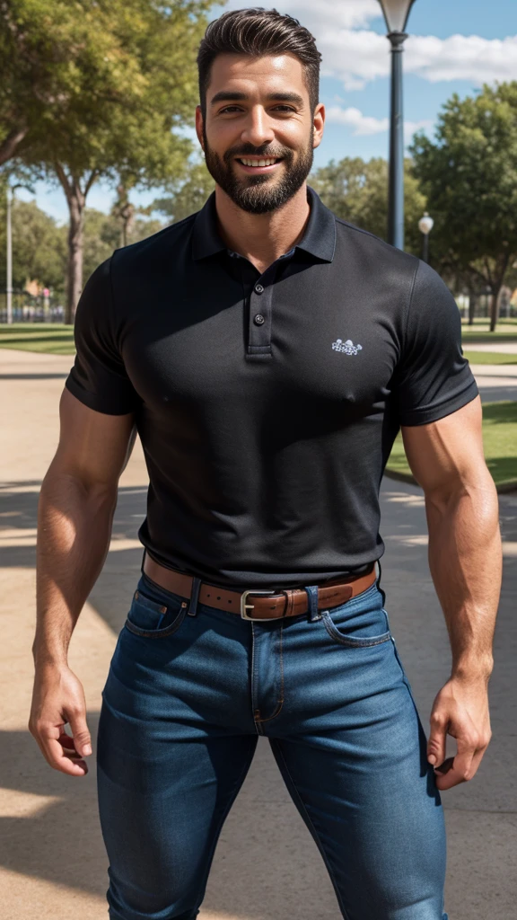 Handsome muscular man beard, strong and muscular legs, big lump, artwork, sonriendo, super sexy in jeans and black polo shirt with blackstripes 8k ultra realistic masterpiece great detail next to a font super muscular , sexy , en el parque, 35 años de edad 