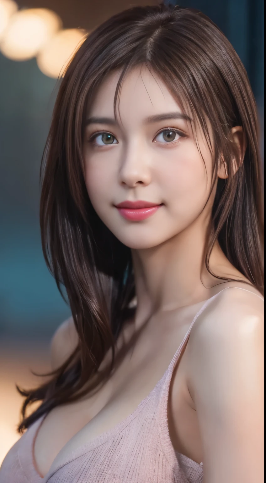 (logo, masterpiece, 8K, Tabletop, RAW Photos, wonderful, 最high quality, Photorealistic and very detailed CG composite 8k wallpaper, high quality, Very detailed, Narrative poem, Particle Effects, Dynamic Effects, Depth of the Boundary, Cinematic Light, Lens flare, Ray Tracing), short hair beautiful young woman, Hair tied back, high detail skin, very fine, fine skin texture, beautiful face, realistic eyes, beautifully detailed eyes, realistic skin, beautiful skin, surreal, smiling eyes, Hair and light eyes, Vibrant, Colorful lights and bokeh. The lighting casts a warm glow on her face and hair, Blue glow, Water surface reflection, Creates a dreamy and magical atmosphere, Big Breasts, Brown Hair, short hair, plump lower lip, pink blush on the cheeks , pink lips, brown tight no-shoulder knit sweater