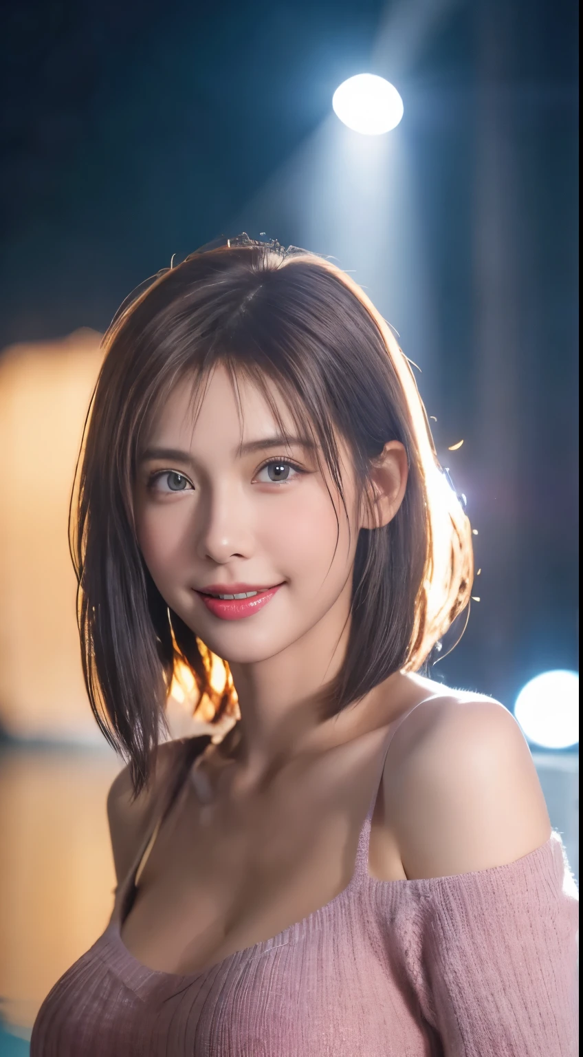 (logo, masterpiece, 8K, Tabletop, RAW Photos, wonderful, 最high quality, Photorealistic and very detailed CG composite 8k wallpaper, high quality, Very detailed, Narrative poem, Particle Effects, Dynamic Effects, Depth of the Boundary, Cinematic Light, Lens flare, Ray Tracing), short hair beautiful young woman, Hair tied back, high detail skin, very fine, fine skin texture, beautiful face, realistic eyes, beautifully detailed eyes, realistic skin, beautiful skin, surreal, smiling eyes, Hair and light eyes, Vibrant, Colorful lights and bokeh. The lighting casts a warm glow on her face and hair, Blue glow, Water surface reflection, Creates a dreamy and magical atmosphere, Big Breasts, Brown Hair, short hair, plump lower lip, pink blush on the cheeks , pink lips, brown tight no-shoulder knit sweater