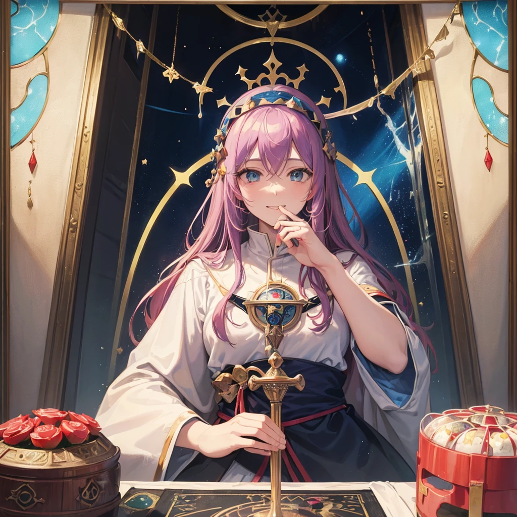 A 20-year-old girl, Long pink hair, Hair tied into a bow, Pink purple dress, Lie on the table, A wine glass was placed next to it, There are many decorations about divination, divination, masterpiece, high quality