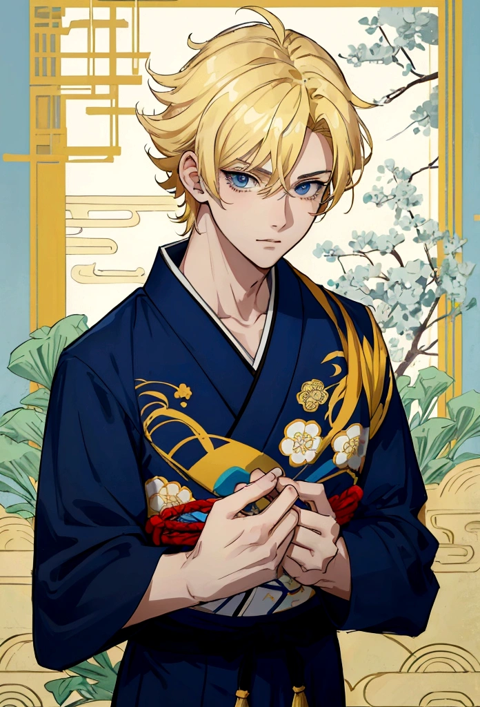 a boy with blonde hair the size of Mikey's hair from Tokyo Revengers, with dark blue eyes and wearing a Japanese and at school,anime styling