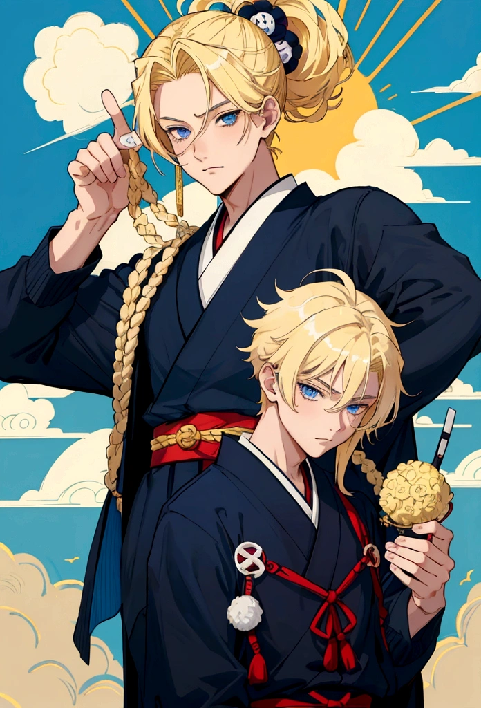 a teenage boy with blonde hair the size of Mikey&#39;s hair from Tokyo Revengers, with dark blue eyes and wearing a Japanese  and at school,anime styling
