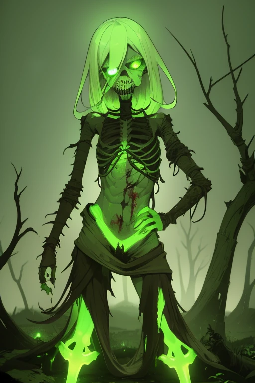 Undead skeletal zombie with open chest with a fungus inside Neon green with sprouts and roots covering the body Neon green eyes Destroyed ranger clothing Dirty arms covered by roots and legs with blisters covering his body Background of a radioactive swamp blood toxic neon green look at us facing the viewer