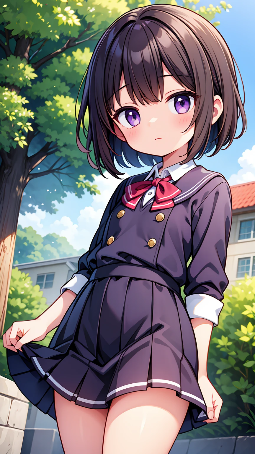 (High quality), (masterpiece), (very detailed), girl, (very small bust), short brown hair, purple eyes, shy face, (primary school ), showing her thighs, on the school yard, sunny, camera angle from below, adorable eyes, (primar school uniform)