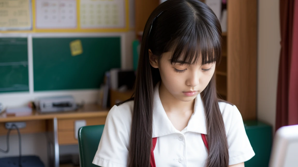 teen, japanese school uniform, fell asleep while sitting on a chair, topless, long black ponytails, loli, cute face, 8k wallpaper, charming