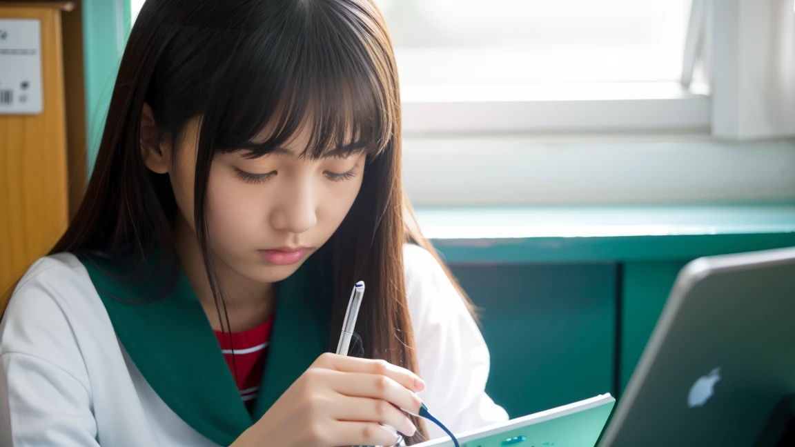 Asian high school girl with a serious face, typing on her iPhone, her room