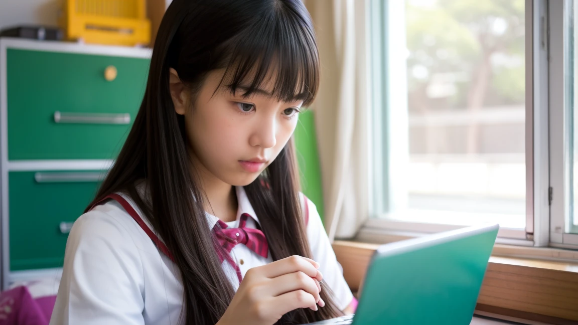 Asian high school girl with a serious face, typing on her iPhone, her room