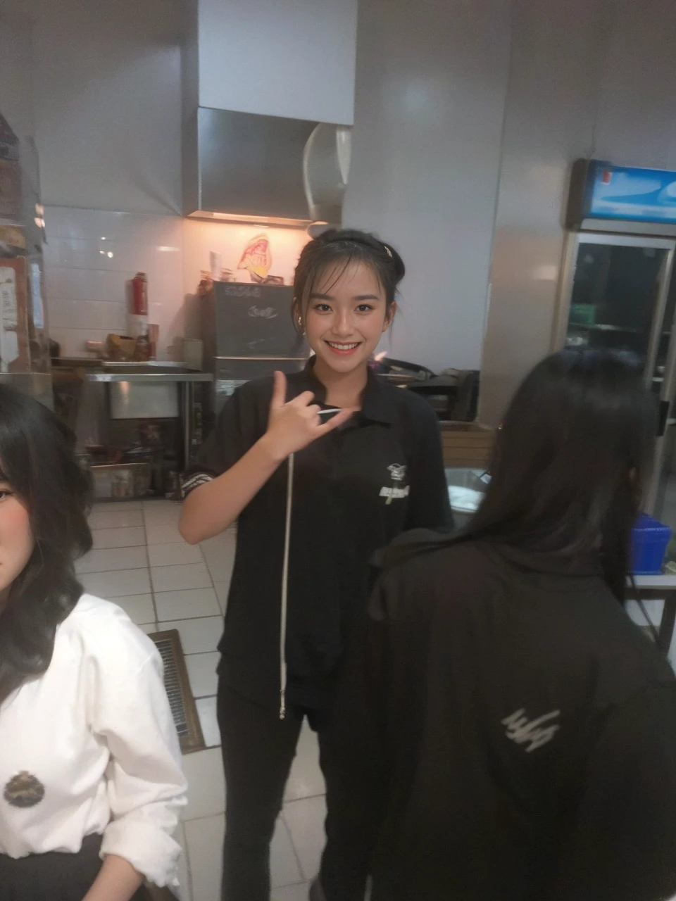 muste piece、High resolution、convenience store of the future、Convenience store clerk、26 year old female、1girl clerk、looking at the camera、smile、Finished as pictured、The cashier is also beautiful、Her skin is white and beautiful、long and beautiful hair、inner color、hair should be tied back、Clerk's uniform、