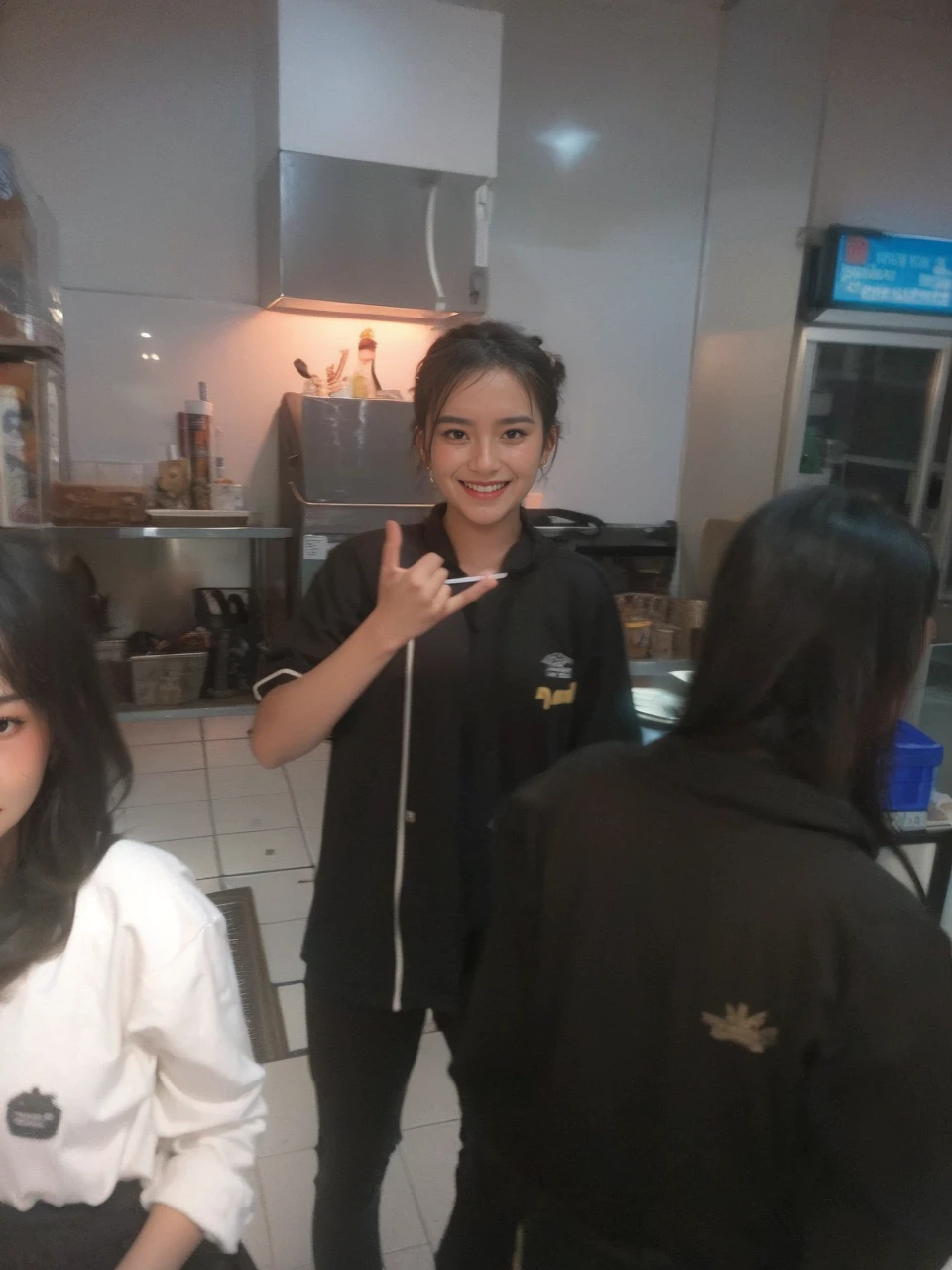 muste piece、High resolution、convenience store of the future、Convenience store clerk、26 year old female、1girl clerk、looking at the camera、smile、Finished as pictured、The cashier is also beautiful、Her skin is white and beautiful、long and beautiful hair、inner color、hair should be tied back、Clerk's uniform、