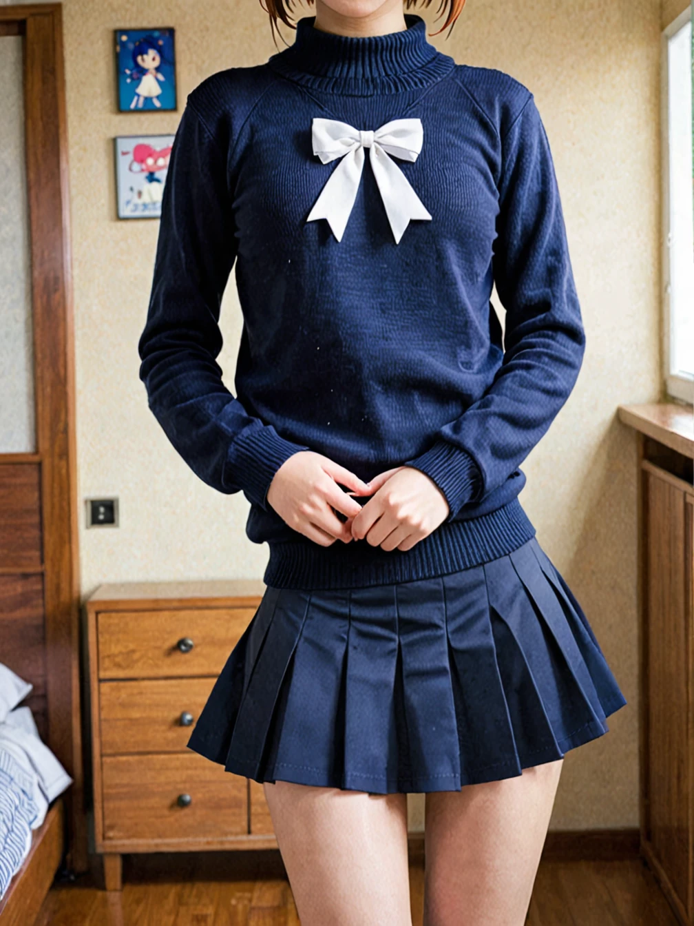 anime, girl, headless, short navy blue skirt, sweater,