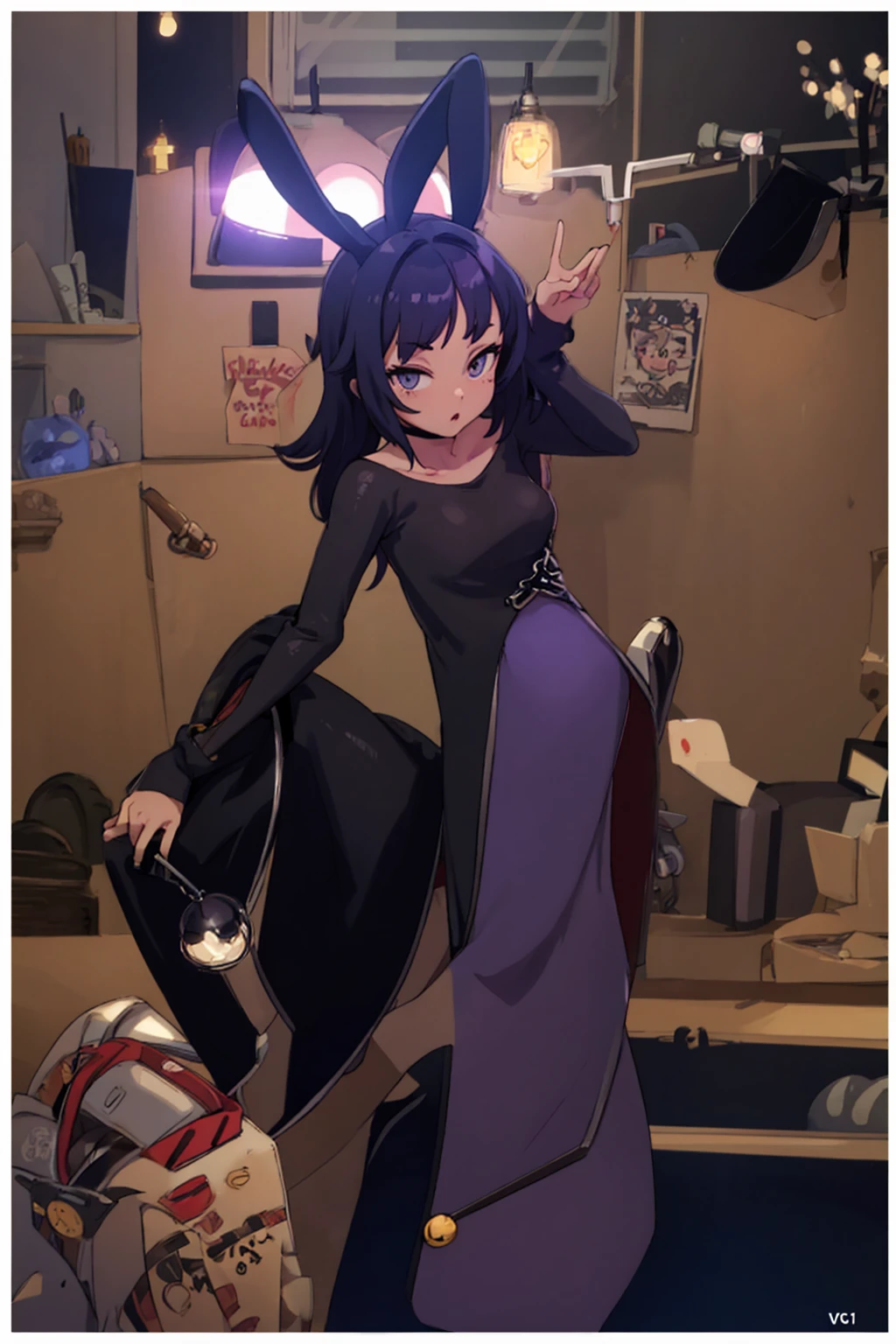 masterpiece, full body, 8k, ultra high definition, high quality, a young girl wearing a sexy outfit, fake bunny ears, purple fake hair, v sign with her fingers
