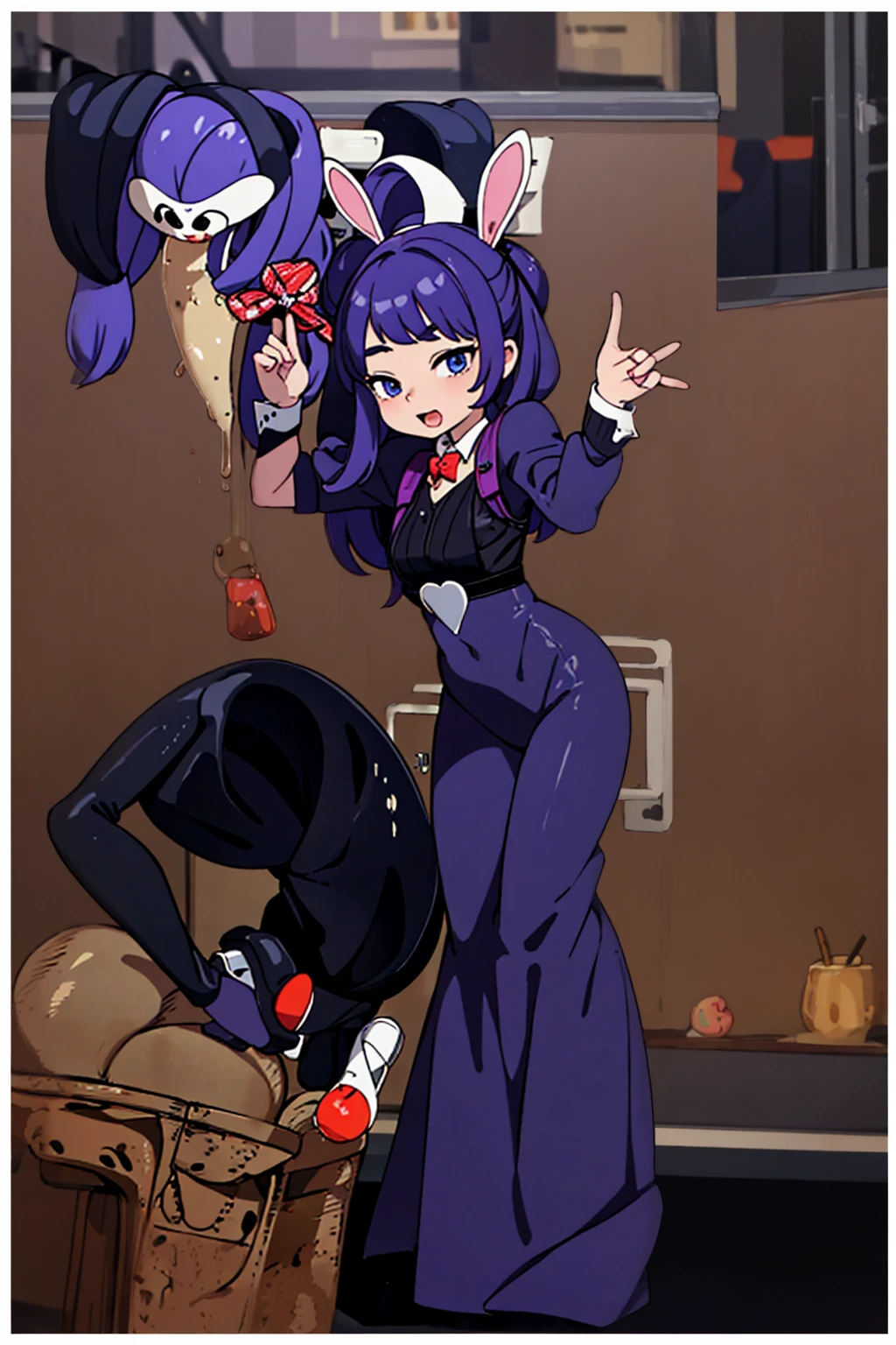 masterpiece, full body, 8k, ultra high definition, high quality, a young girl wearing a sexy outfit, fake bunny ears, purple fake hair, v sign with her fingers