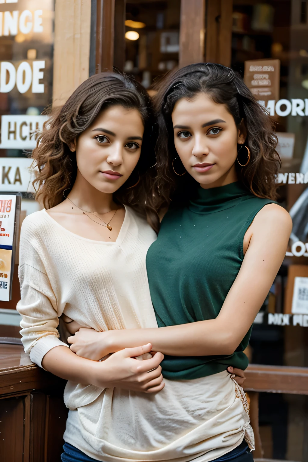 2heads, female couple, age 28, two heads on one body, one torso, hipsters, middle eastern, curly hair, hipster fashion, in bookstore,
