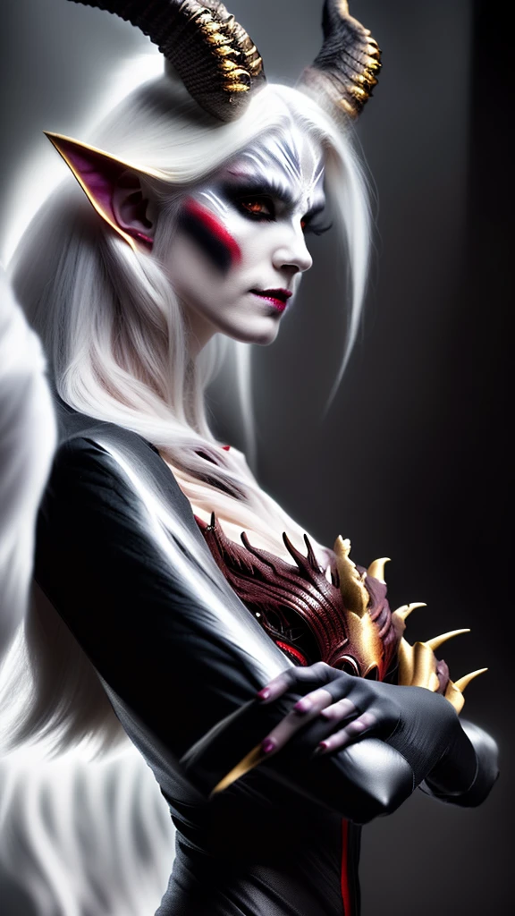 a demon with horns and white hair is posing for a picture, female humanoid creature, a demon, female demon, hyperdetailed fantasy character, dark demon succubus, portrait of an demon queen, demon princess, of an elden ring demon, demon character with smirk, demon, demon queen, complex fantasy character, side portrait of demon royalty