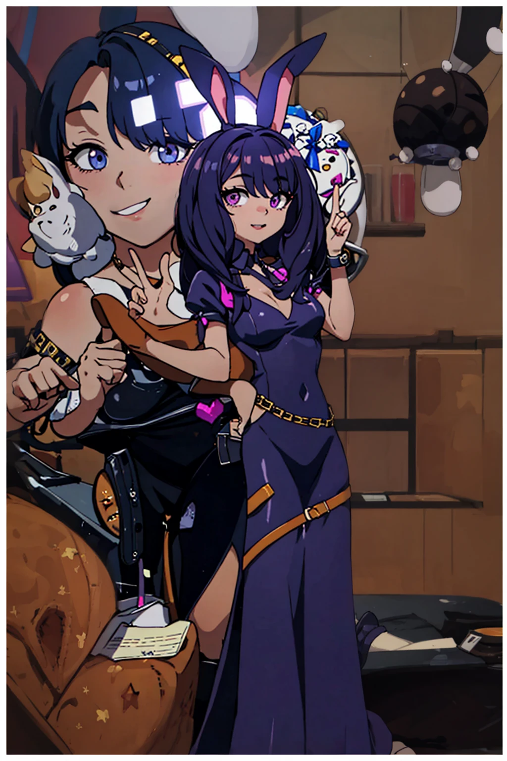 masterpiece, full body, 8k, ultra high definition, high quality, a young girl wearing a sexy outfit, fake bunny ears, purple fake hair, v sign with her fingers