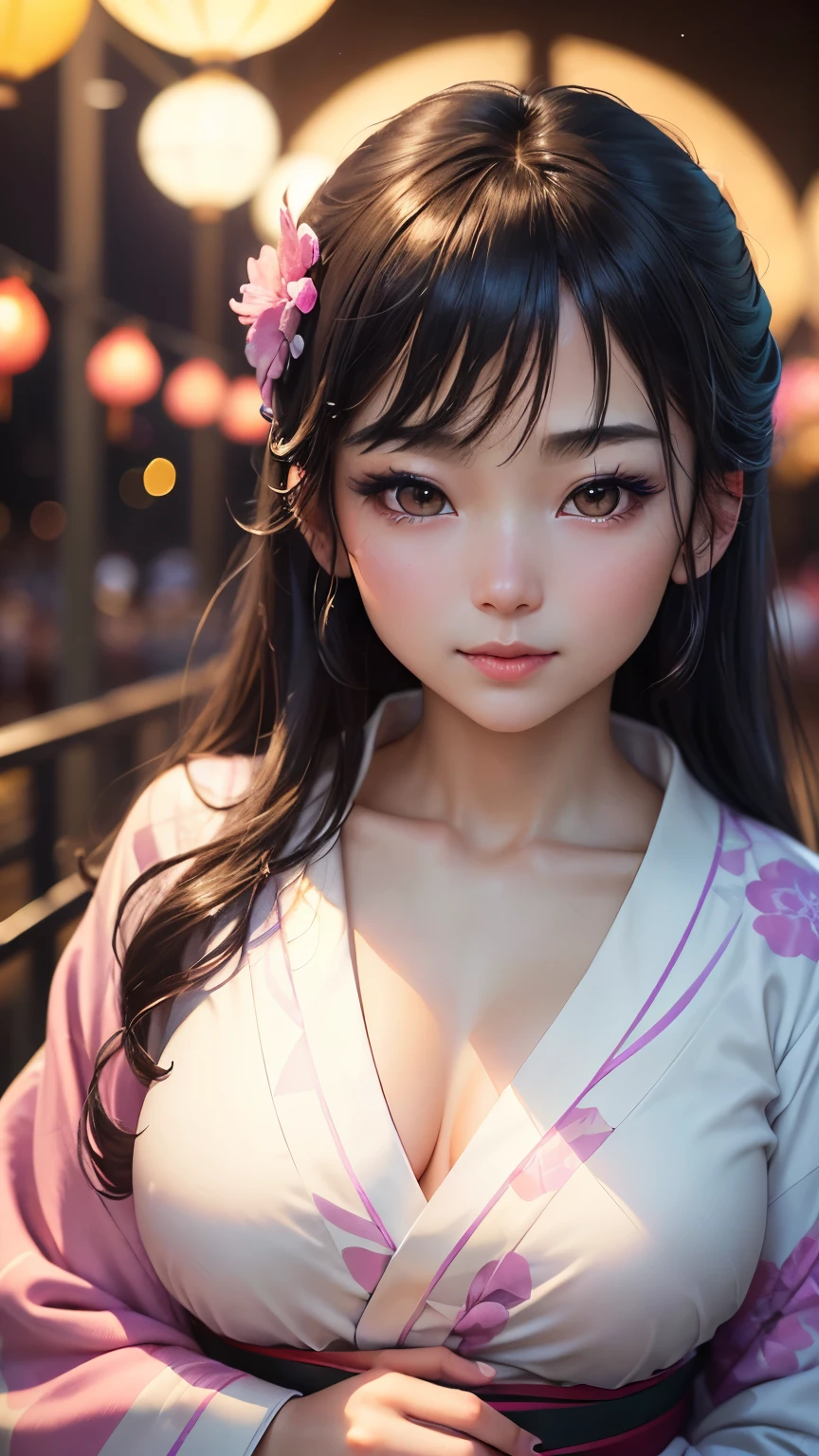 (logo、masterpiece、8K、Tabletop、RAW Photos、wonderful、最high quality、フォトリアリスティックでVery detailedな CG 複合 8K 壁紙、high quality、Very detailed、Narrative poem、Particle Effects、Dynamic Effects、Depth of the Boundary、Cinematic Light、Lens flare、Ray Tracing)、 (One beautiful woman wearing a yukata、White yukata、Light purple pattern)、Black-haired、High definition skin、Very fine、Fine skin texture、Beautiful Face、True Face、Beautiful details in the eyes、Realistic eyes、Beautifully detailed eyes、Realistic Skin、Beautiful Skin、Surreal、Smiling Eyes、Hair and light eyes、vivid、Colorful lights and bokeh、plump lower lip、Pink Lips、Hair flutters in Wind、Hair bounces、wonderful景色、night、evening、Wind、moonlight、moonlight、light