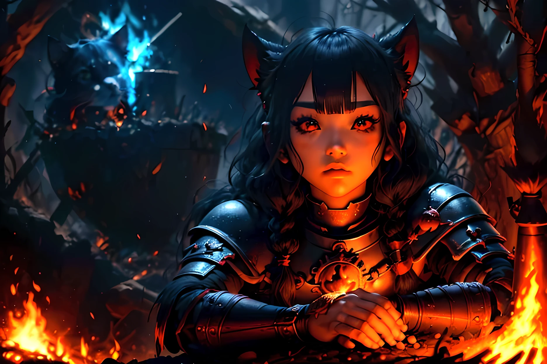 junkotvv pelo largo negro con flequillo y con orejas de gato y ojos rojos a warrior resting in bonfire, high quality, masterpiece, dark theme, dark souls theme, (fullbody sentada frente a un bonfire )