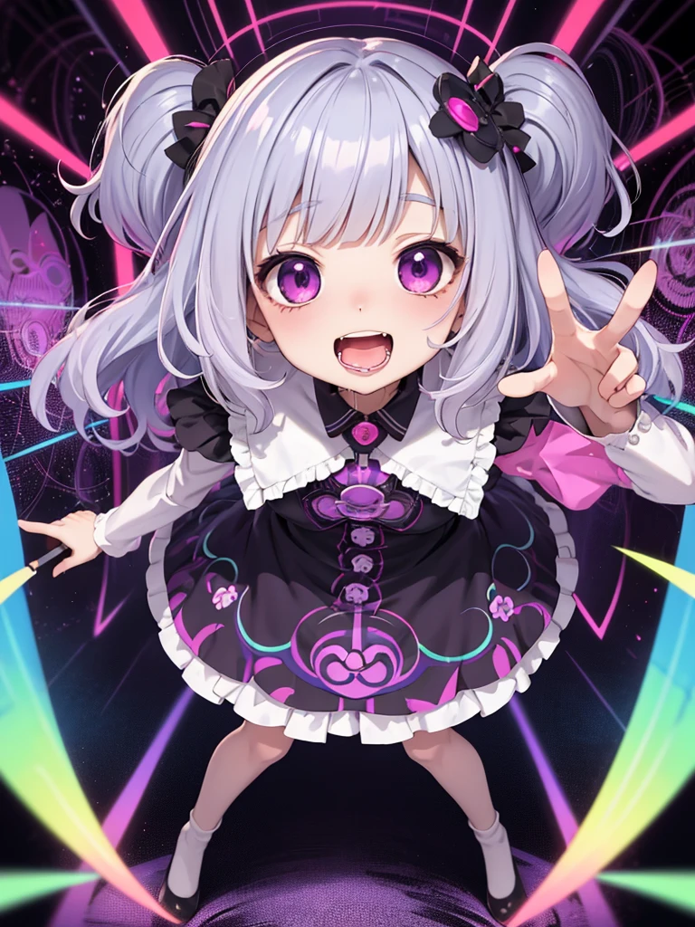 loli,psyche,psycho smile,open mouth,psycho,drool,psychedelic,full body,anime,mature female,HD,Detailed Background, masterpiece, highest quality,bob cut,silver hair,messy hair,Frizzy hair,purple eye,kawaii,psychedelic art,