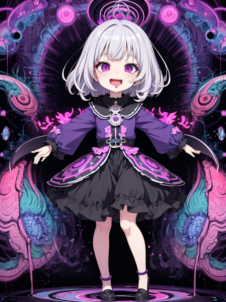 loli,psyche,psycho smile,open mouth,psycho,drool,psychedelic,full body,anime,mature female,HD,Detailed Background, masterpiece, highest quality,bob cut,silver hair,messy hair,Frizzy hair,purple eye,kawaii,psychedelic art,