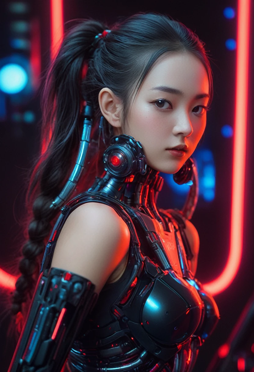 xxmixgirl. Highly detailed professional 35mm film, bokeh, face in sharp focus. A robotic female, Miku, with ((metal skin)), ((perfect Asian eyes)) with magenta irises and ((black pupils)), beautiful serious (detailed face), 18 year old ((photorealistic face)), very long magenta twin tails of magenta hair, twin black hair ties with a single red stripe. She may have a black audio headpiece. We can see her ((full body)) down to her boot soles. Her outfit is a sleeveless collared light grey shirt, outlined in red around the frilled collar and hems. Shiny reflective ((metallic breast cups, dimpleless)), invisible nipples. She wears black sleeves with red hems that start around her upper arm and bellow out as the sleeves open and extend to her wrists, with wide trumpet red rimmed cuffs. She has perfect robotic (detailed hands). She wears a red colored tie with two horizontal solid parallel black lines halfway across. She wears a fabric black skirt with a horizontal red hem at the bottom all the way around; her (((black skirt wraps around her))) and ((her skirt completely covers)) her robotic waist and thighs. Tall black boots with red bottom soles, a red rim around the top at her thighs. Her mechanical shoulder joints are visible. We can see her robotic legs and robotic neck. Half of her is covered with shiny polished machinery. The background is a distant dark neon futuristic Japanese city, gold, cyan, violet neon, near harbor or mountains.