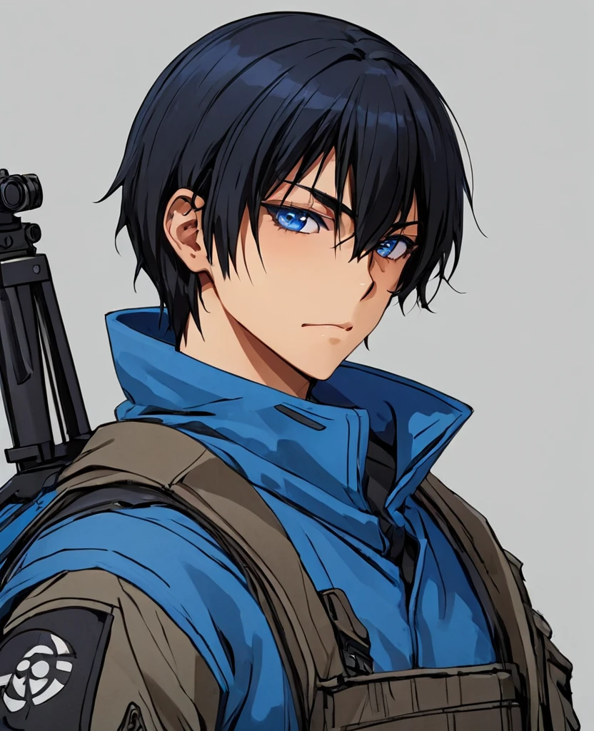 Create a detailed anime-style image of a male sniper with black hair, styled with a middle part. He is athletic with a slightly muscular build. He has a prominent scar running through one eye, while his other eye is a striking blue. He is dressed in tactical sniper attire