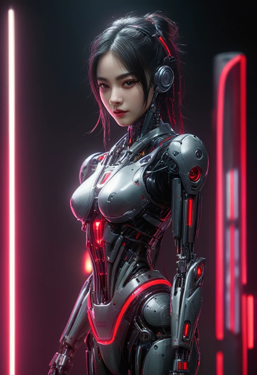 xxmixgirl. Highly detailed professional 35mm film, bokeh, face in sharp focus. A robotic female, Miku, with ((metal skin)), ((perfect Asian eyes)) with magenta irises and ((black pupils)), beautiful serious (detailed face), 18 year old ((photorealistic face)), very long magenta twin tails of magenta hair, twin black hair ties with a single red stripe. She may have a black audio headpiece. We can see her ((full body)) down to her boot soles. Her outfit is a sleeveless collared light grey shirt, outlined in red around the frilled collar and hems. Shiny reflective ((metallic breast cups, dimpleless)), invisible nipples. She wears black sleeves with red hems that start around her upper arm and bellow out as the sleeves open and extend to her wrists, with wide trumpet red rimmed cuffs. She has perfect robotic (detailed hands). She wears a red colored tie with two horizontal solid parallel black lines halfway across. She wears a fabric black skirt with a horizontal red hem at the bottom all the way around; her (((black skirt wraps around her))) and ((her skirt completely covers)) her robotic waist and thighs. Tall black boots with red bottom soles, a red rim around the top at her thighs. Her mechanical shoulder joints are visible. We can see her robotic legs and robotic neck. Half of her is covered with shiny polished machinery. The background is a distant dark neon futuristic Japanese city, gold, cyan, violet neon, near harbor or mountains.