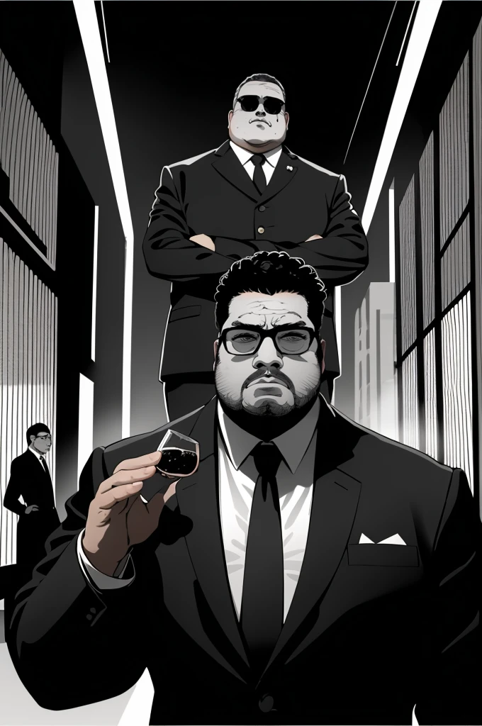 A fbi black suit, with black glasses, black hair, fat man, looking up at the sky