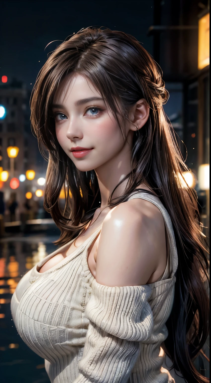 (logo, masterpiece, 8K, Tabletop, RAW Photos, wonderful, 最high quality, Photorealistic and very detailed CG composite 8k wallpaper, high quality, Very detailed, Narrative poem, Particle Effects, Dynamic Effects, Depth of the Boundary, Cinematic Light, Lens flare, Ray Tracing), short hair beautiful young woman, Hair tied back, high detail skin, very fine, fine skin texture, beautiful face, realistic eyes, beautifully detailed eyes, realistic skin, beautiful skin, surreal, smiling eyes, Hair and light eyes, Vibrant, Colorful lights and bokeh. The lighting casts a warm glow on her face and hair, Blue glow, Water surface reflection, Creates a dreamy and magical atmosphere, Big Breasts, Brown Hair, short hair, plump lower lip, pink blush on the cheeks , pink lips, brown tight no-shoulder knit sweater