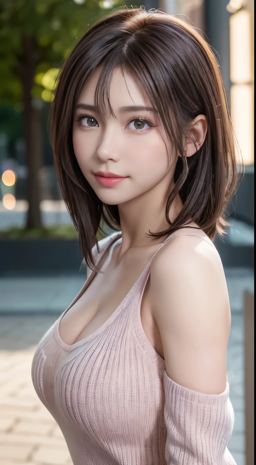 (logo, masterpiece, 8K, Tabletop, RAW Photos, wonderful, 最high quality, Photorealistic and very detailed CG composite 8k wallpaper, high quality, Very detailed, Narrative poem, Particle Effects, Dynamic Effects, Depth of the Boundary, Cinematic Light, Lens flare, Ray Tracing), short hair beautiful young woman, Hair tied back, high detail skin, very fine, fine skin texture, beautiful face, realistic eyes, beautifully detailed eyes, realistic skin, beautiful skin, surreal, smiling eyes, Hair and light eyes, Vibrant, Colorful lights and bokeh. The lighting casts a warm glow on her face and hair, Blue glow, Water surface reflection, Creates a dreamy and magical atmosphere, Big Breasts, Brown Hair, short hair, plump lower lip, pink blush on the cheeks , pink lips, brown tight no-shoulder knit sweater