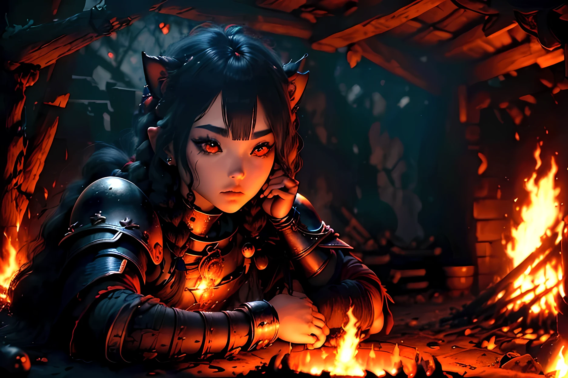 junkotvv pelo negro y largo con orejas de gato y ojos rojos a warrior resting in bonfire, high quality, masterpiece, dark theme, dark souls theme,  