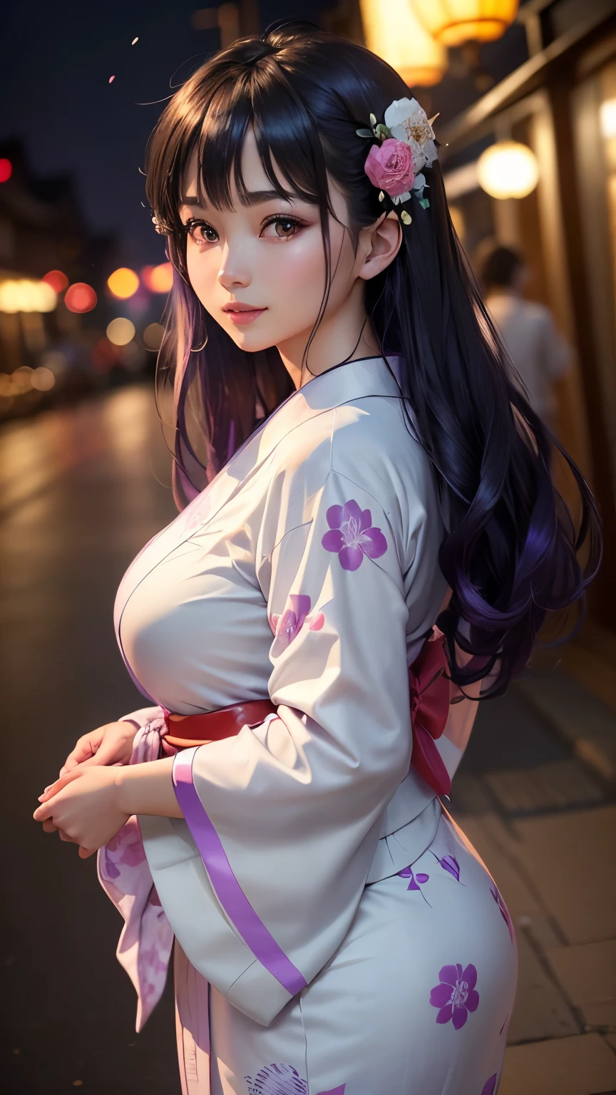 (logo、masterpiece、8K、Tabletop、RAW Photos、wonderful、最high quality、フォトリアリスティックでVery detailedな CG 複合 8K 壁紙、high quality、Very detailed、Narrative poem、Particle Effects、Dynamic Effects、Depth of the Boundary、Cinematic Light、Lens flare、Ray Tracing）、 (One beautiful woman wearing a yukata、White yukata、Light purple pattern)、Black-haired、High definition skin、Very fine、Fine skin texture、Beautiful Face、True Face、Beautiful details in the eyes、Realistic eyes、Beautifully detailed eyes、Realistic Skin、Beautiful Skin、Surreal、Smiling Eyes、Hair and light eyes、vivid、Colorful lights and bokeh、plump lower lip、Pink Lips、Hair flutters in Wind、Hair bounces、wonderful景色、night、evening、Wind、moonlight、moonlight、light