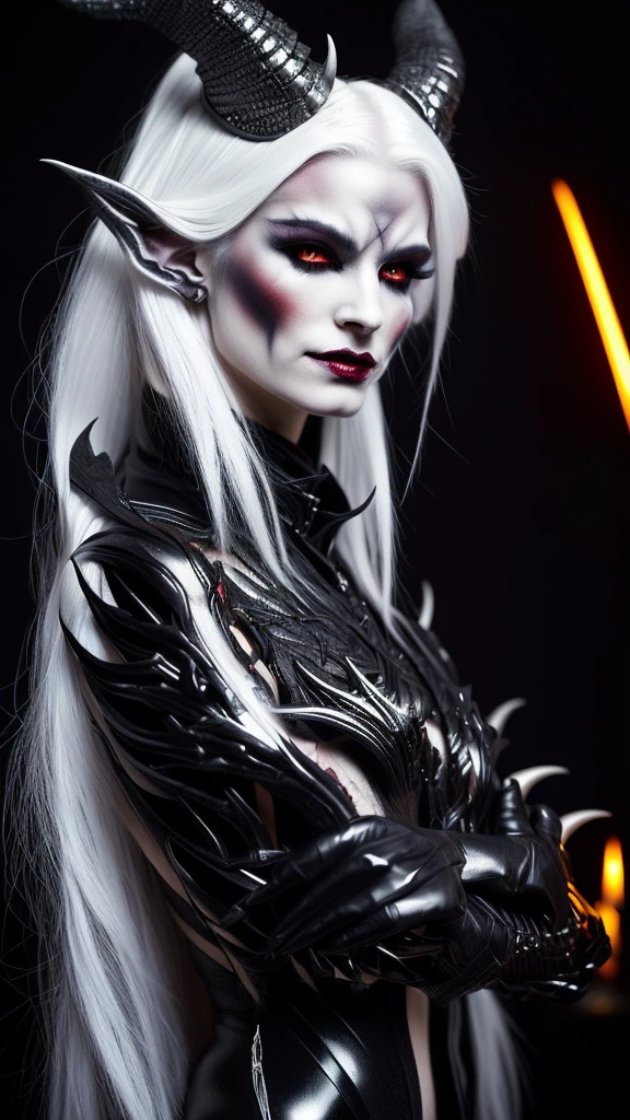 a demon with horns and white hair is posing for a picture, female humanoid creature, a demon, female demon, hyperdetailed fantasy character, dark demon succubus, portrait of an demon queen, demon princess, of an elden ring demon, demon character with smirk, demon, demon queen, complex fantasy character, side portrait of demon royalty