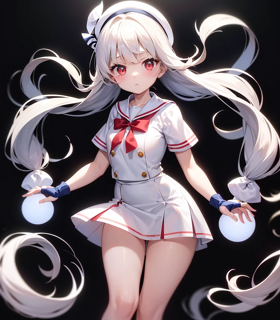 masterpiece, best quality,anime style, 1 girl,(((slender body))), (((small breast))),(((tennis uniform))),(((red tentacles bound the girl))), ((((restrained, arms behind back)))),((((cum)))), (beautiful face), (((short twintail))), (((straight hair))), ((((silver hair)))),detailed beautiful skin, (perfect hands, perfect anatomy)