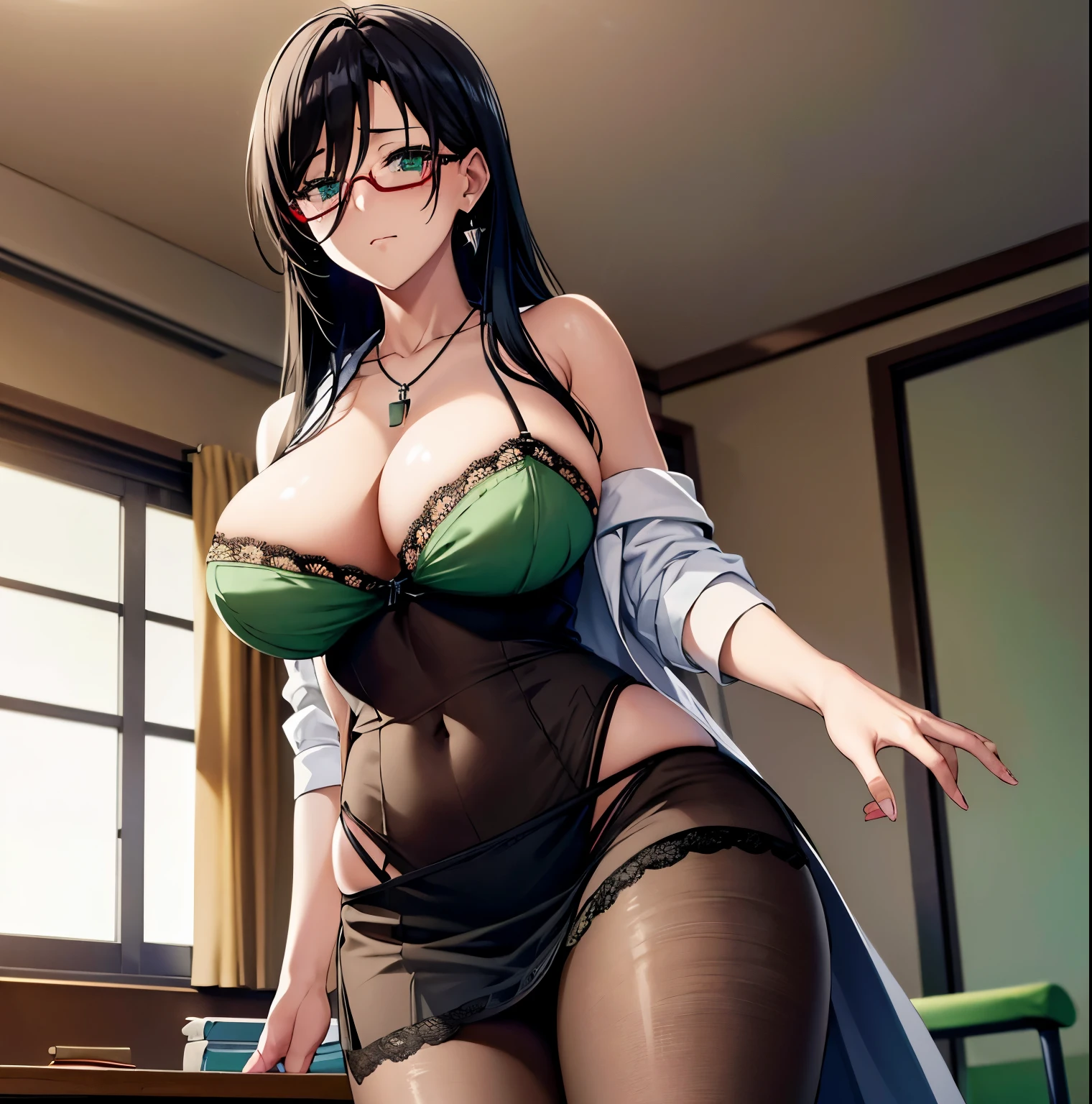 ((1girl)),((single)), chisato Hasegawa((Extremely detailed CG unity 4k wallpaper)),(Masterpiece),(ultra quality),(ultra detailed),(best illustration),(best shadow ),(extremely detailed),(absurdities),(detailed background), curvy body, cowboy shot, dynamic posture, large breasts, narrow waist, wide hips, medium thighs, round butt, sweater, black hair, long hair, hair aerial, glasses, mature, adult woman, blushing, green eyes, beautiful detailed eyes, jewelry, cleavage, looking at viewer, seductive look, necklace, off-shoulder, white lab coat, open gown, dark green lingerie, lingerie 2 pieces, partially nude, off the shoulder, leggings, black pantyhose bumps, nail polish, solo, earrings, standing, school Japanese, infirmary, window, sunset, stretcher, desk, mouth closed, ruffled shirt, backlight, indoors, sofa, looking forward, ((focus on breasts)), pov (from the middle), perfect anatomy, perfect hands