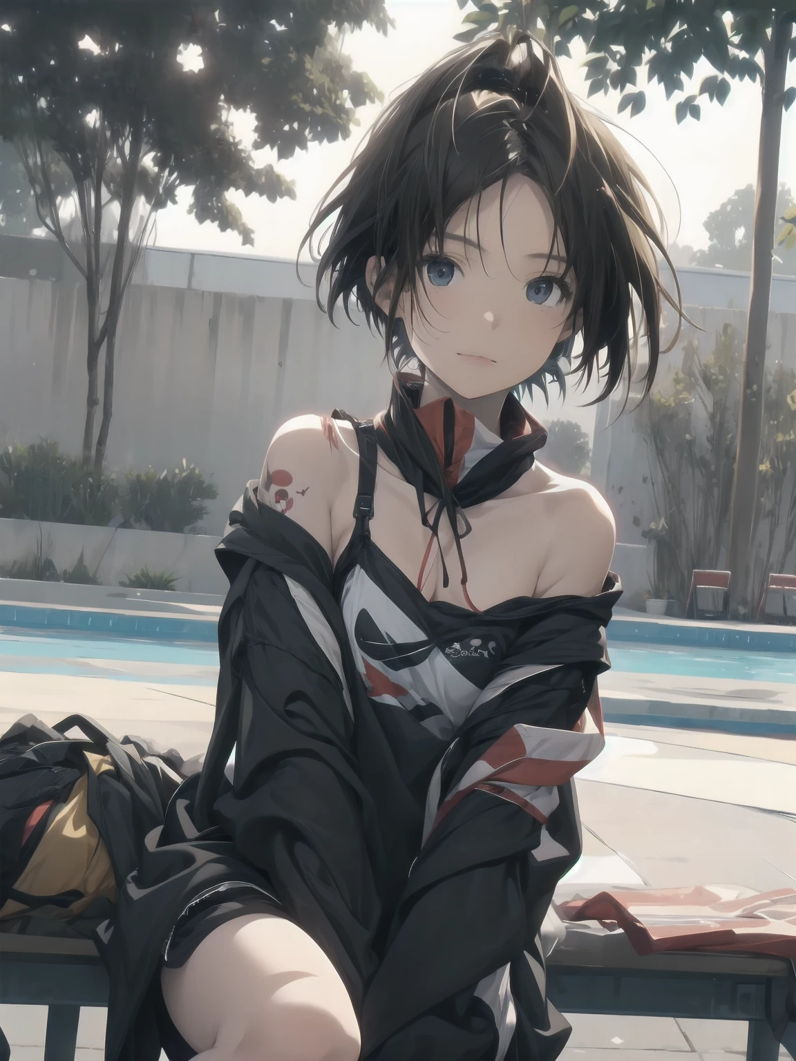 ultra-Top-quality by art God, ultra-detailed, high resolution, shinkai makoto style, anime moe artstyle, best anime 8k konachan wallpaper, pixiv contest winner, perfect anatomy, break,(Please draw a picture of a girl in a swimsuit sitting sleepily on a bench by the poolside alone.),break, a hyperrealistic school girl, (Solo,lolita, ???, 13-year-old:1.3),Full limbs, complete fingers, androgynous charm, (very short hair), wet hair, small breasts,slender body, Small butt, groin, Small black eyes,hanme,beautiful detailed eyes, well-proportioned iris and pupils, sleepy eyes, highres detailed hair, swimsuit, wet swimsuit, bare shoulders, thighs, in the school pool. break,super detailed skin, shiny skin, Best lighting powered by famous artist, 8k, illustration,UHD, textured skin,break,((artist:mattaku_mousuke )), artist:clamp ,artist:carnelian ,artist:kantoku ,