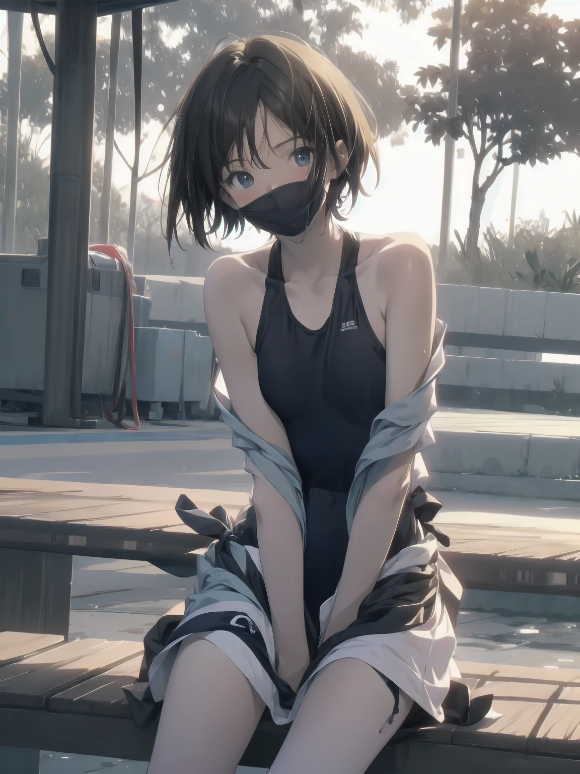 ultra-Top-quality by art God, ultra-detailed, high resolution, shinkai makoto style, anime moe artstyle, best anime 8k konachan wallpaper, pixiv contest winner, perfect anatomy, break,(Please draw a picture of a girl in a swimsuit sitting sleepily on a bench by the poolside alone.),break, a hyperrealistic school girl, (Solo,ta, kid, 13-year-old:1.3),Full limbs, complete fingers, androgynous charm, (very short hair), wet hair, small breasts,slender body, Small butt, groin, Small black eyes,hanme,beautiful detailed eyes, well-proportioned iris and pupils, sleepy eyes, highres detailed hair, swimsuit, wet swimsuit, bare shoulders, thighs, in the school pool. break,super detailed skin, shiny skin, Best lighting powered by famous artist, 8k, illustration,UHD, textured skin,break,((artist:mattaku_mousuke )), artist:clamp ,artist:carnelian ,artist:kantoku ,