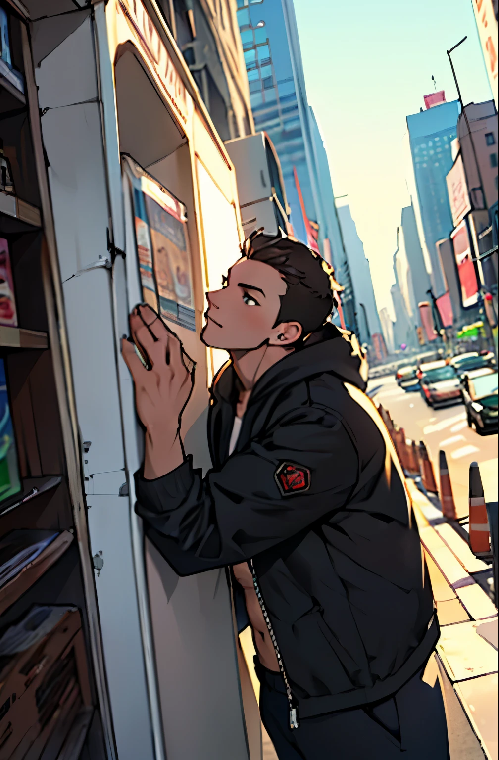 highest quality, 8K, image high resolution, Detailed strokes, in the middle of a busy Times Square-style avenue, winter, leaning on one of the posts, ager, shirtless, muscular, (Bottom Angle), defined legs, defined arms, defined abdomen,