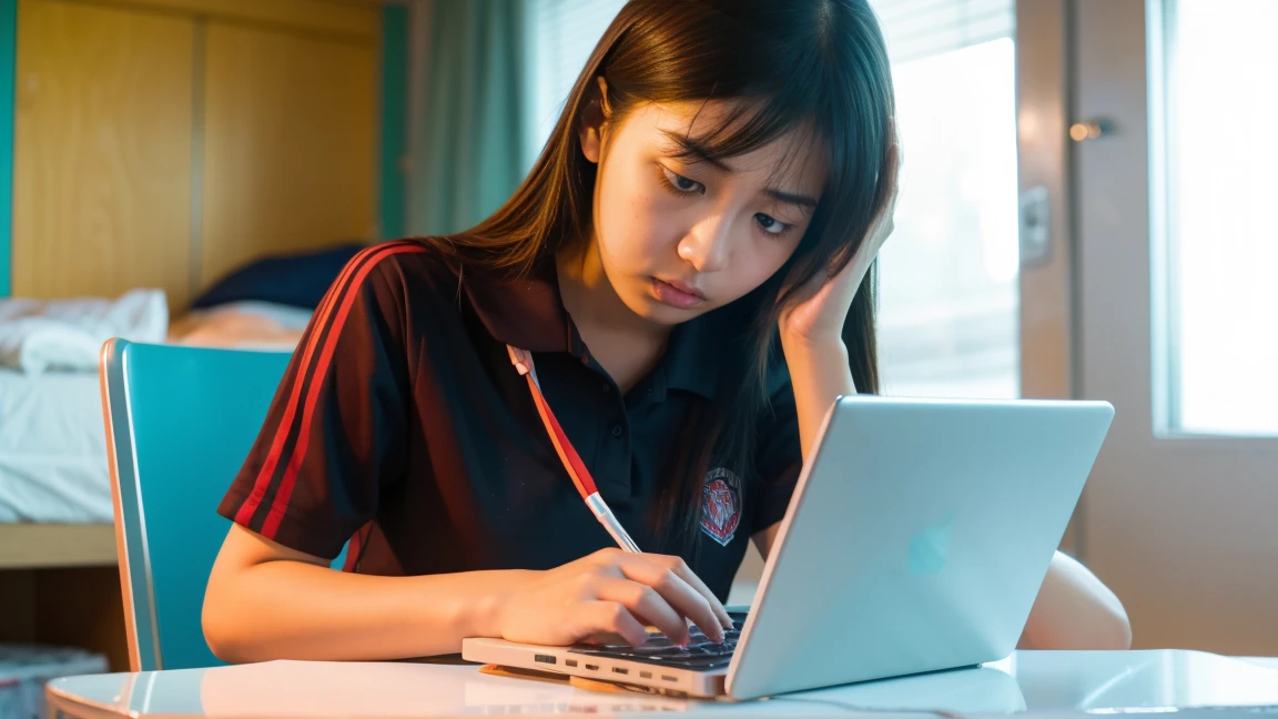 An angry-looking Asian high school girl typing on line on her iPhone, in her room.