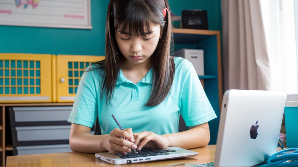 An angry-looking Asian high school girl typing on line on her iPhone, in her room.