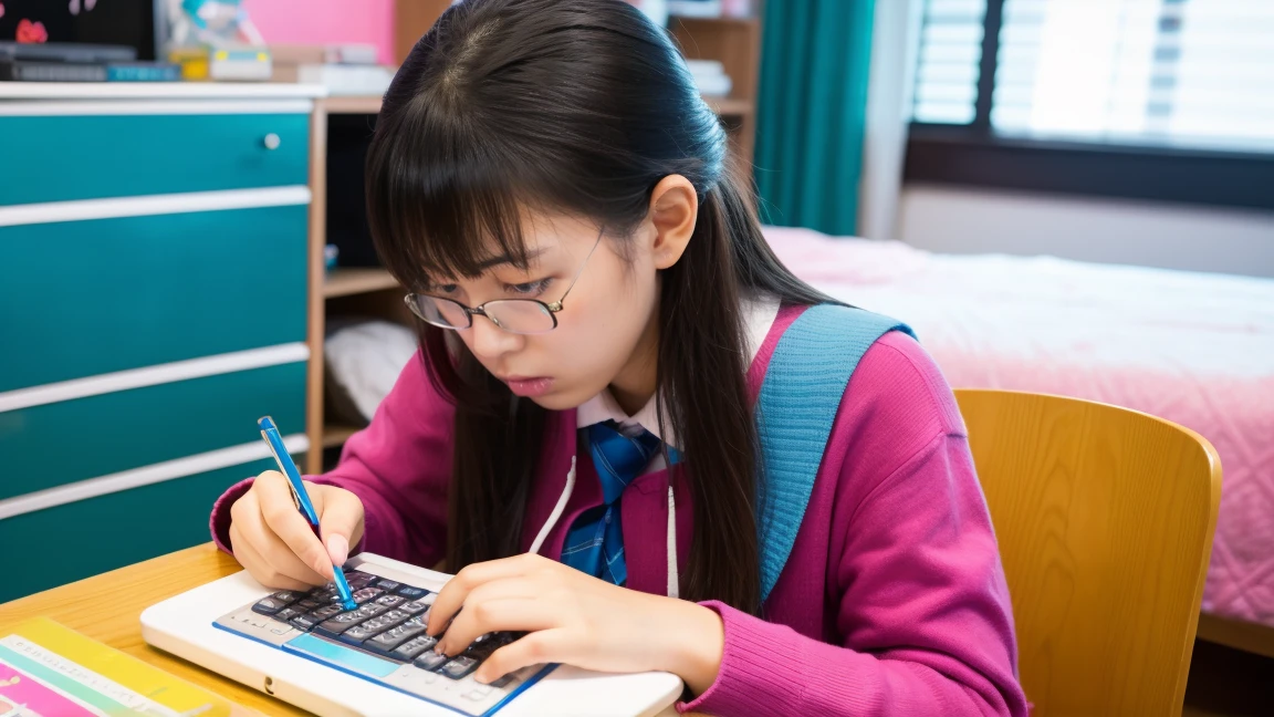 An angry-looking Asian high school girl typing on line on her iPhone, in her room.