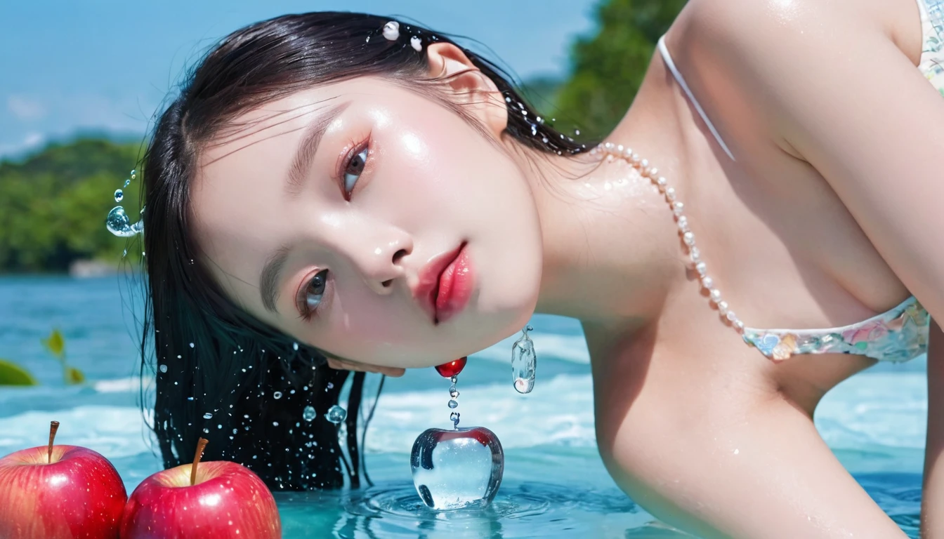 夏日Red Apple少女,Dopamine age, Cool summer days,Ice cubes,The watery girl,Delicate skin,Hydration,Shiny,Shiny,dream,Front view,bust,pearl,Red Apple