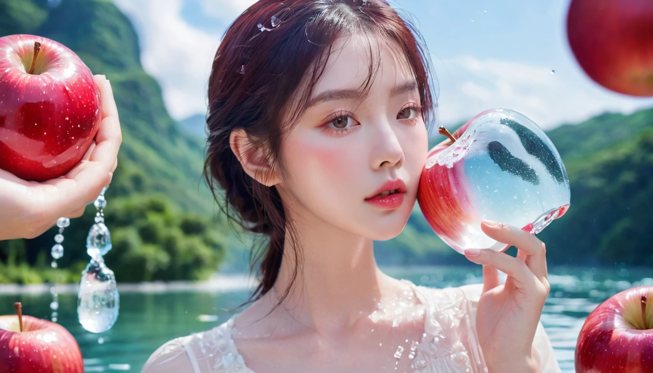 夏日Red Apple少女,Dopamine teenage, Cool summer days,Ice cubes,The watery girl,Delicate skin,Hydration,Shiny,Shiny,dream,Front view,bust,pearl,Red Apple