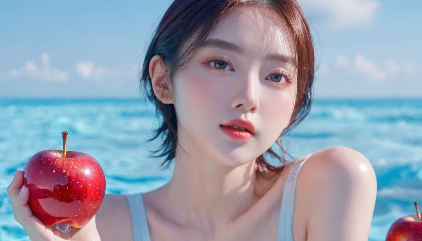 夏日Red Apple少女，Dopamine teenage， Cool summer days，Ice cubes，The watery girl，Delicate skin，Hydration，Shiny，Shiny，dream，Front view，bust，pearl，Red Apple