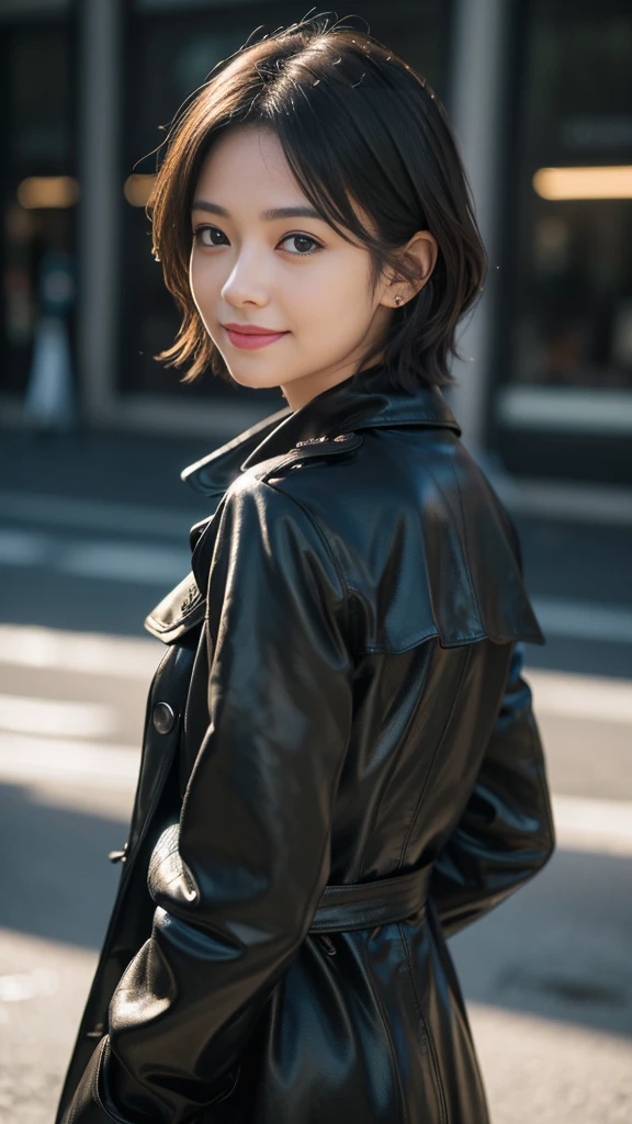 ultra detail (8K, RAW Photos, 最high quality, masterpiece: 1.45), (Realistic, Photorealistic: 1.37), （Ultra high definition）（Textured skin）（Very detailed）（high quality）（最high quality）（First Person View）16K ,A cute and beautiful woman like an actress,,Black trench coat,soft light,smile,dramatic angle,short hair,looking back