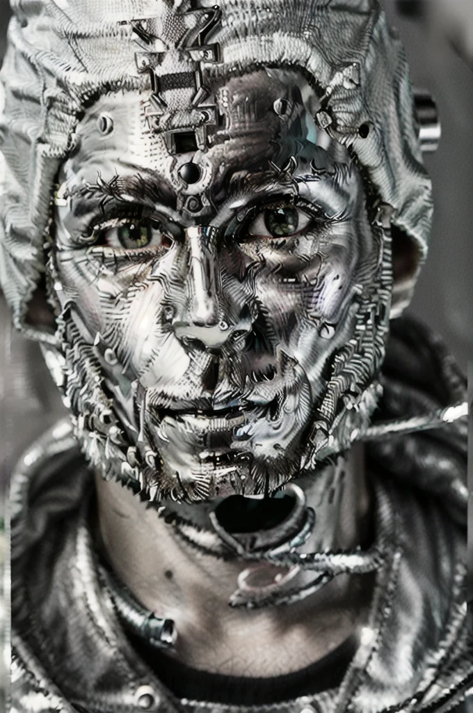 A closeup of a person wearing a silver hooded mask, metallic mask, metallic face portrait, Full Face Occult Silver Mask, chrome face symmetry, detailed face with mask, Chrome mask, inspired by Igor Morski, insanely detailed face, machine parts embedded in face, Surreal metal sculpture, detailed face, bronze face, Metal sculpture