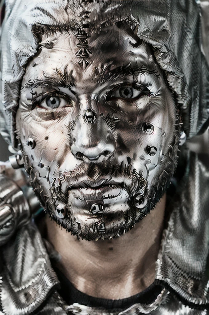 A closeup of a person wearing a silver hooded mask, metallic mask, metallic face portrait, Full Face Occult Silver Mask, chrome face symmetry, detailed face with mask, Chrome mask, inspired by Igor Morski, insanely detailed face, machine parts embedded in face, Surreal metal sculpture, detailed face, bronze face, Metal sculpture